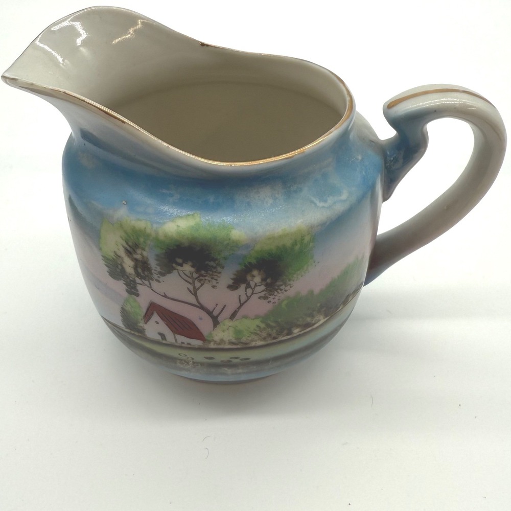 Vintage Hand Painted Japan Creamer Pitcher Landscape‎ Cabin Decor
